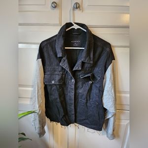 All Saints black denim jacket w gray sweatshirt sleeves